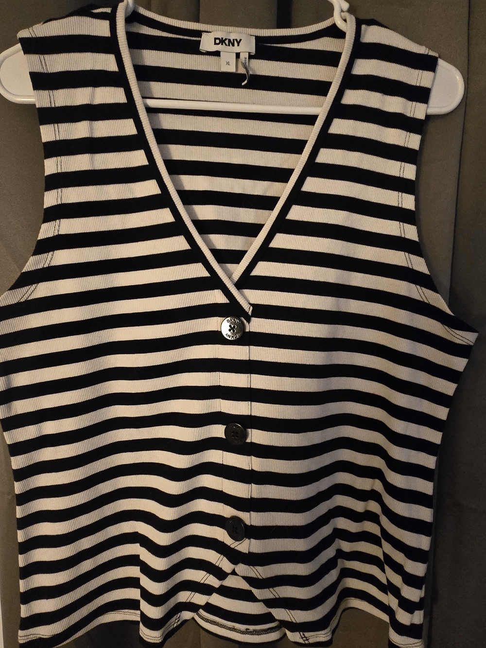 DKNY Black and White Striped V-Neck Button Tank Top